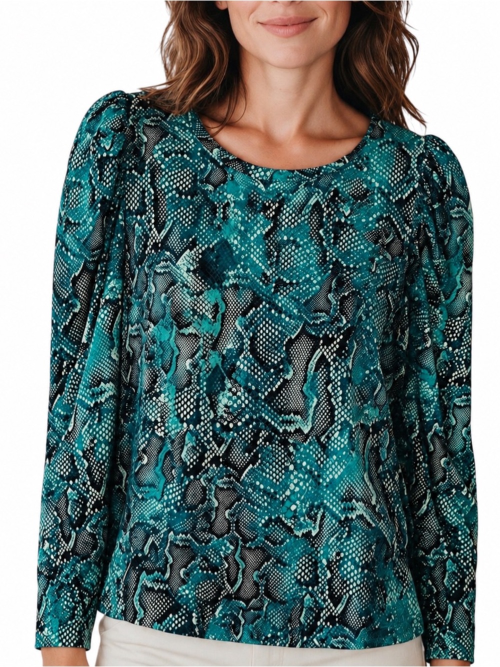 Chico's Sz LARGE Teal Snake-Print Puff Sleeve Blouse